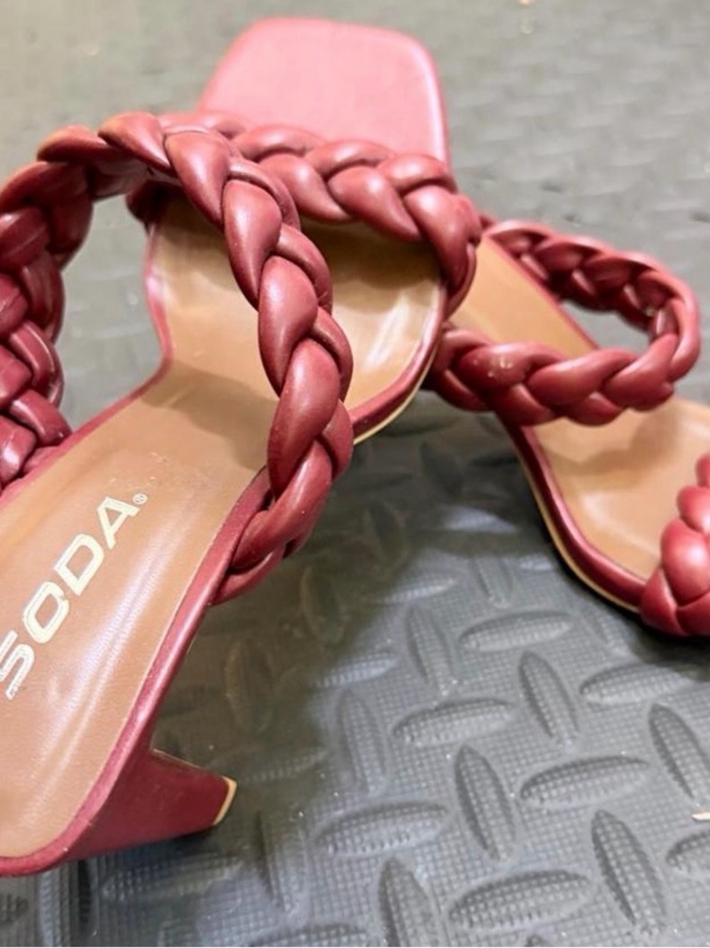 Soda Braided Strap Slide Heels in Wine